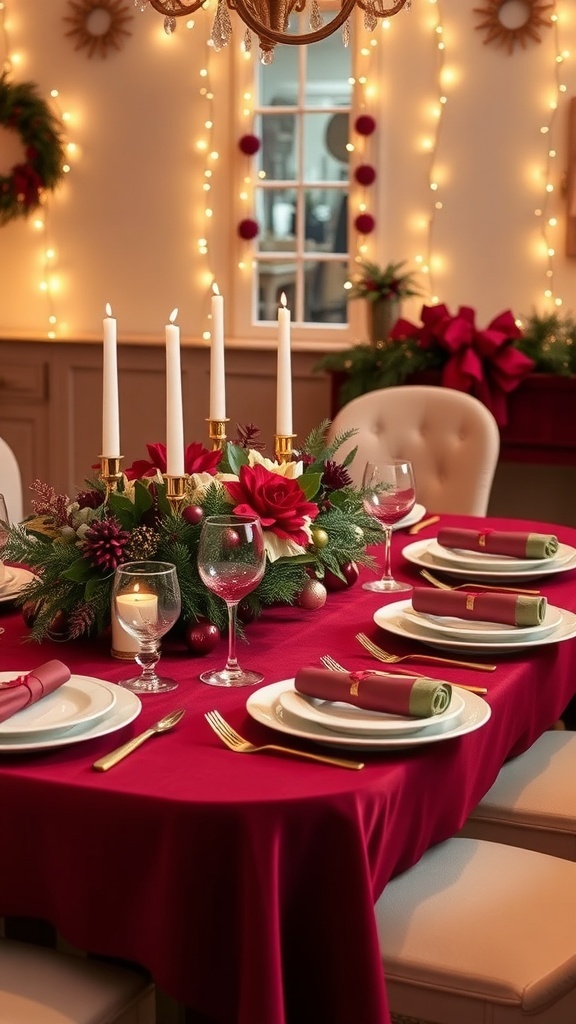 A festive burgundy Christmas table setting with elegant dinnerware, gold cutlery, and a beautiful centerpiece.
